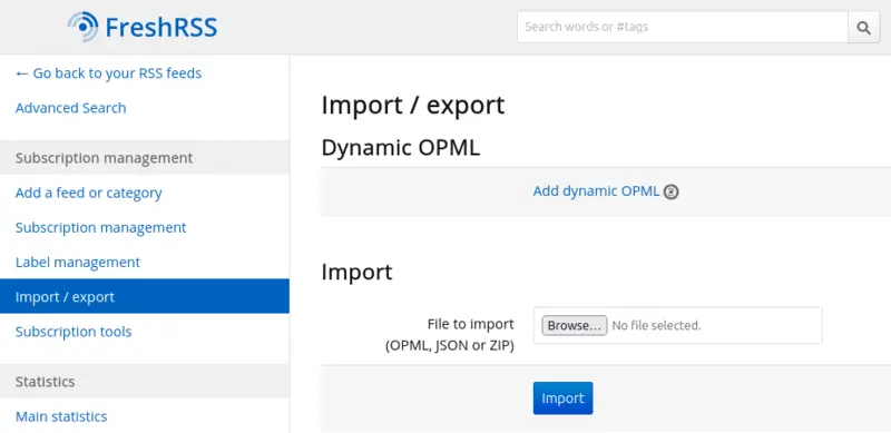FreshRSS import OPML screen