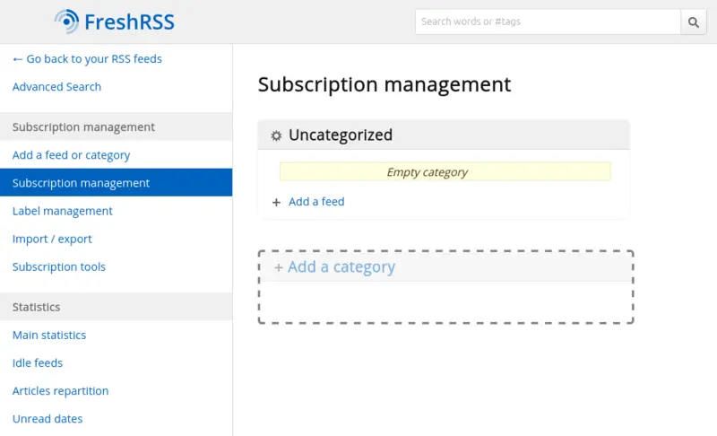 FreshRSS manage feeds screen